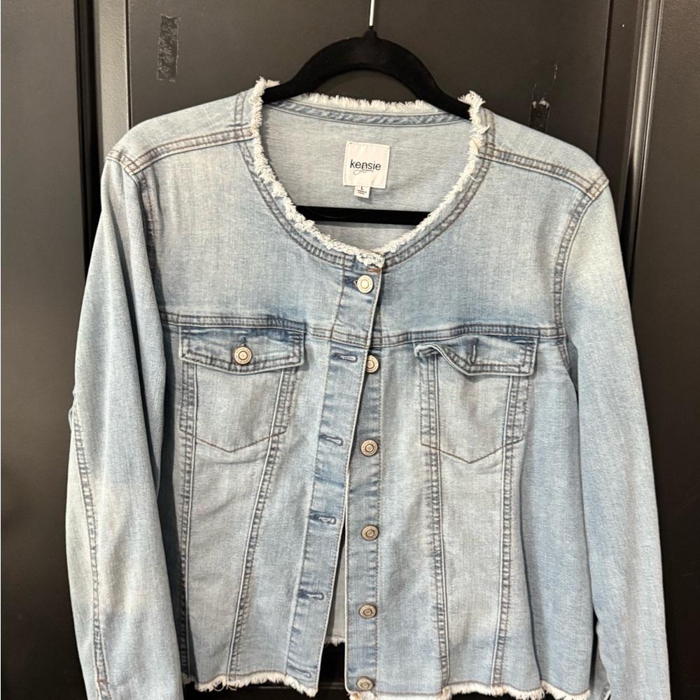 Kensie Light Blue Frayed Denim Jacket